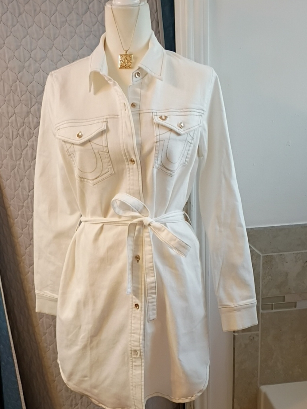 White Women's Shirt Jacket with Self Tie Belt
